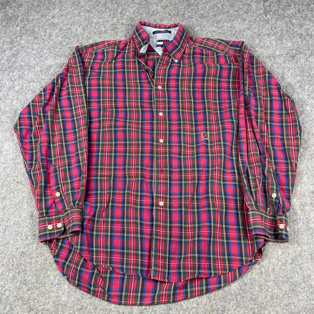 Tommy Hilfiger Button Down Shirt Mens M Red Blue Plaid Crest Logo Pocket